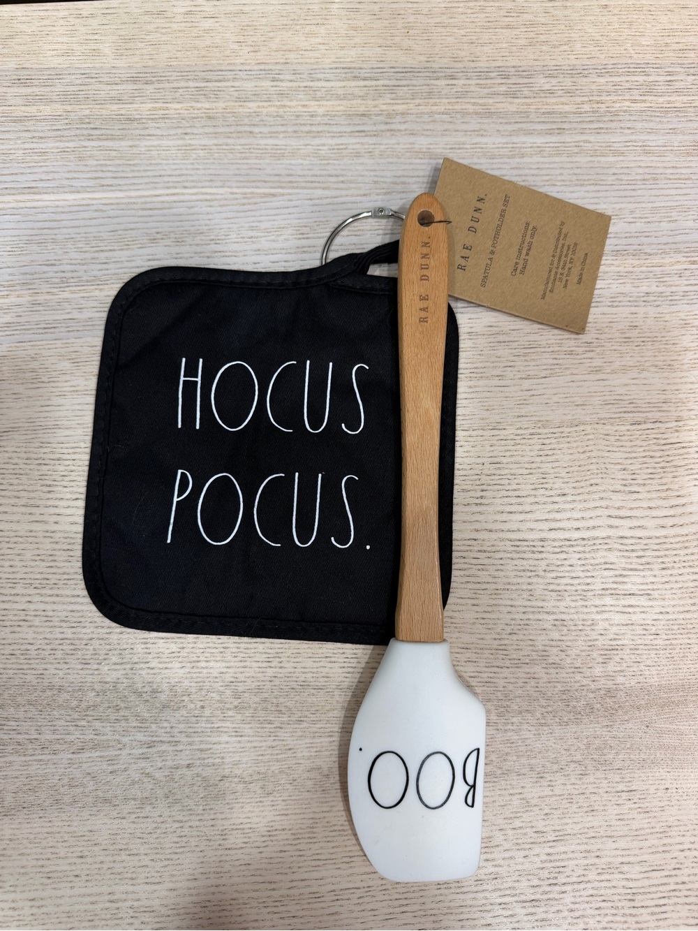 Rae Dunn Black and White Hocus Pocus Pot Holder with BOO Spatula